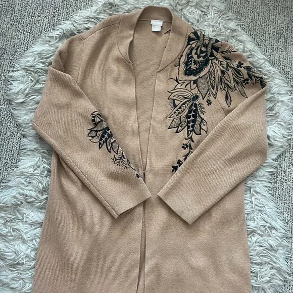 Chico's Long Camel Cardigan with Black Floral Embroidered Design EUC - Picture 11 of 12